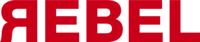 Rotes 'REBEL' Logo in fetter, serifenloser Schrift auf weißem Hintergrund.