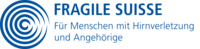 FRAGILE SUISSE Logo: ein blaues Spiraldesign neben "FRAGILE SUISSE" und dem Slogan "Für Menschen mit Hirnverletzung und Angehörige".