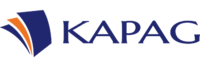 KAPAG-Logo mit geschichteten blauen und orangefarbenen Kurvenformen links und dem Schriftzug "KAPAG" in blauer Serifenschrift rechts.